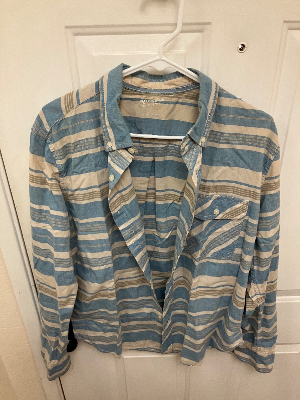 Arizona Jeans Men's Large Blue Gray Stripe Button Down Long Sleeve Top w/ Pocket